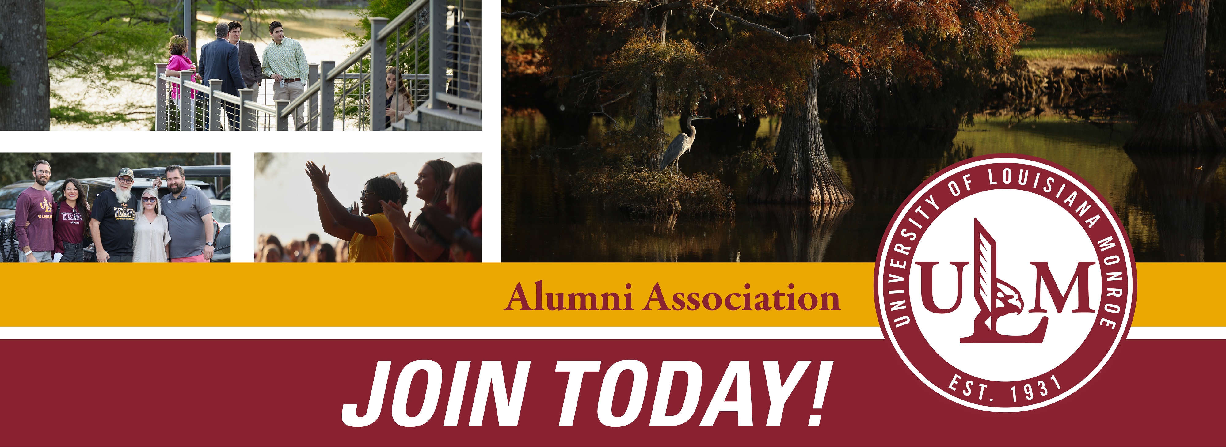  Alumni association logo with text that reads, "JOIN TODAY!" and a collage of pictures from around campus.